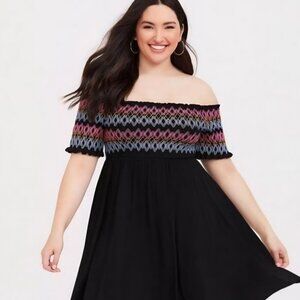 Torrid black boho Coastal Cowgirl Midi dress colorful embroidery smocked top L